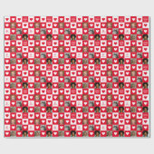 赤い白のハートチェッカーボードと写真バレンタイン ラッピングペーパー (フラット)