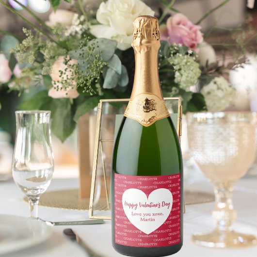 赤い白のハート名バレンタインデー スパークリングワインラベル