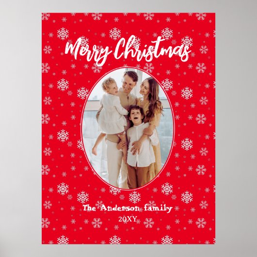 赤い白のモダン家族の写真メリークリスマス ポスター (正面)