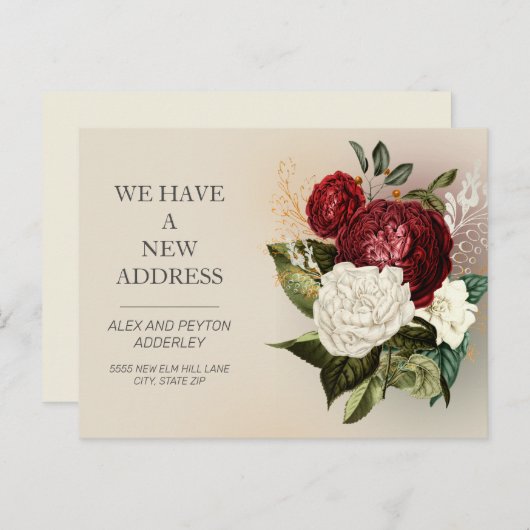 赤い白のヴィンテージフローラバラの移動発表 ポストカード (正面/裏面)