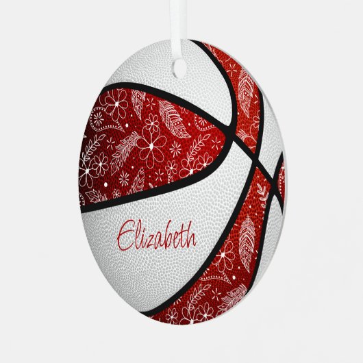 赤い白の女の子ボホ羽のバスケットボールのpaids メタルオーナメント (正面左)