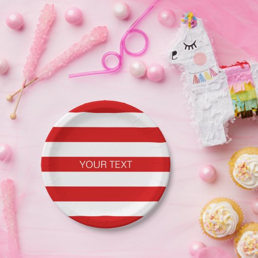赤い白の横書き名門私立校風ののストライプ名 ペーパープレート (パーティー)