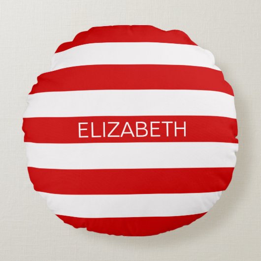 赤い白の横書き名門私立校風ののストライプ名 ラウンドクッション (正面)