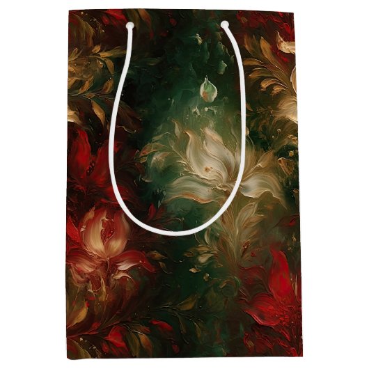 赤い白の緑のフローラ ミディアムペーパーバッグ (正面)