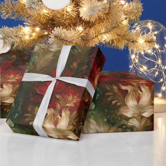赤い白の緑のフローラ ラッピングペーパー (クリスマス)