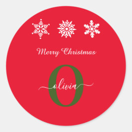 赤い白の緑のモノグラムのスクリプトメリークリスマス ラウンドシール