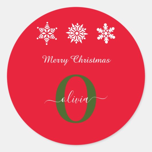 赤い白の緑のモノグラムのスクリプトメリークリスマス ラウンドシール (正面)