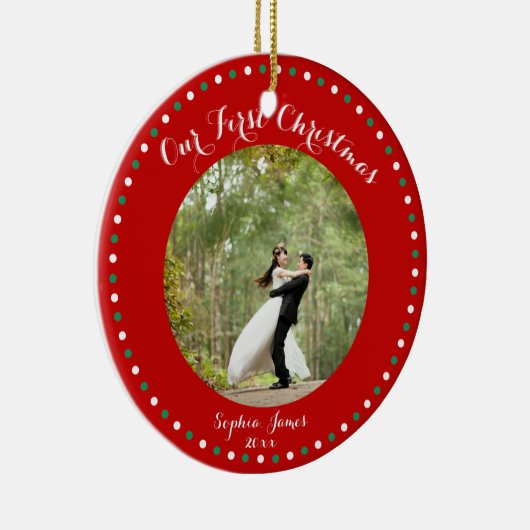 赤い白の緑の最初の結婚したクリスマス飾り セラミックオーナメント (右)