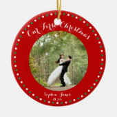 赤い白の緑の最初の結婚したクリスマス飾り セラミックオーナメント (正面)