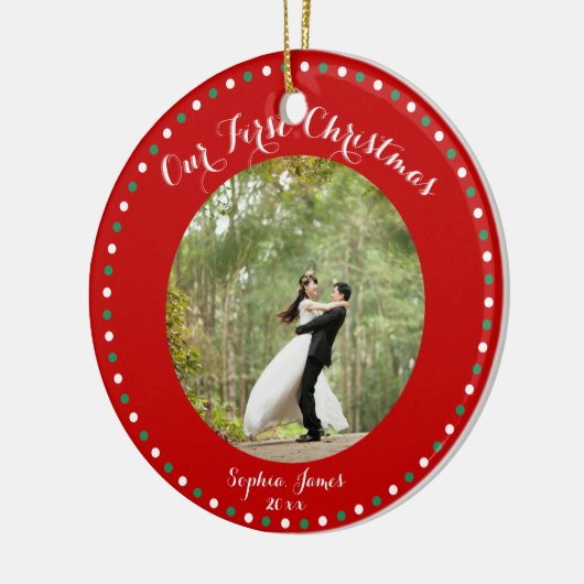 赤い白の緑の最初の結婚したクリスマス飾り セラミックオーナメント (左)