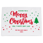 赤い白の緑の非写真家族メリークリスマス ラージペーパーバッグ (正面)