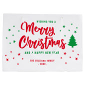 赤い白の緑の非写真家族メリークリスマス ラージペーパーバッグ (裏面)