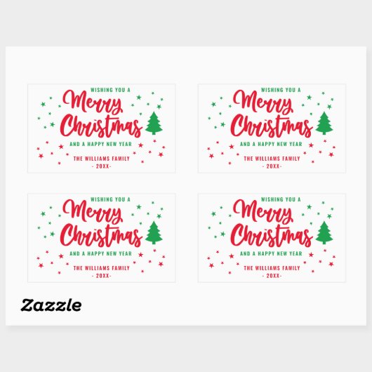 赤い白の緑の非写真家族メリークリスマス 長方形シール (シート)