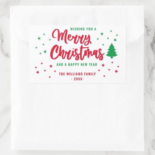 赤い白の緑の非写真家族メリークリスマス 長方形シール (バッグ)