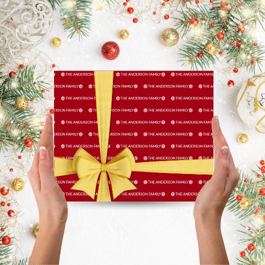 赤い白の繰り返しファミリー名パターンクリスマス ラッピングペーパーシート