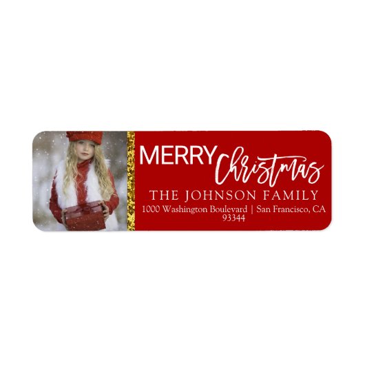 赤い白の金ゴールドクリスマス追加PHOTO差出人住所 ラベル (正面)