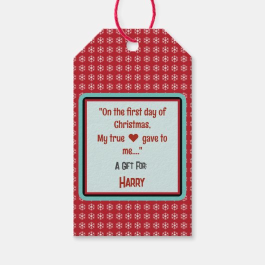 赤い白の雪片スクリプト引用文名 ギフトタグ (正面)