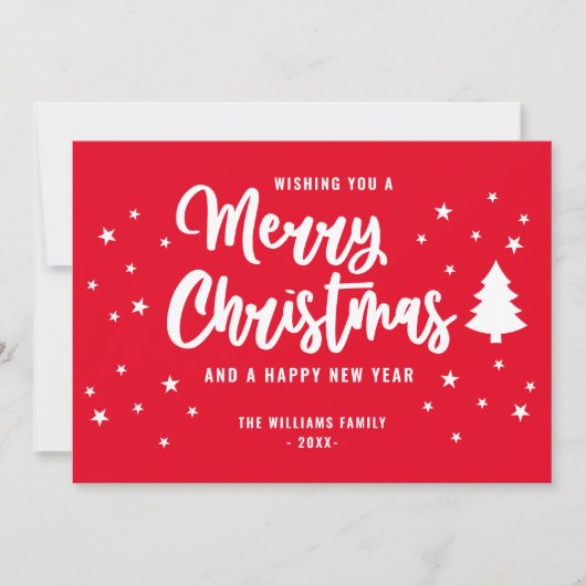 赤い白の非フォトファミリー名メリークリスマス シーズンカード (正面)