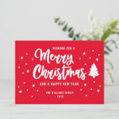 赤い白の非フォトファミリー名メリークリスマス シーズンカード (スタンド正面)