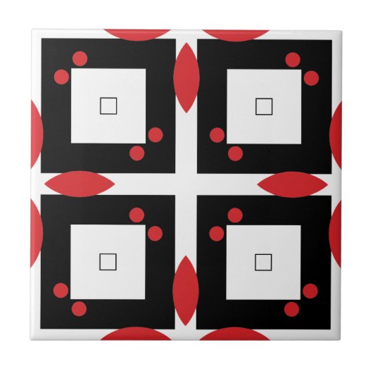赤い白の黒いドットと正方形の幾何学的パターン タイル (正面)