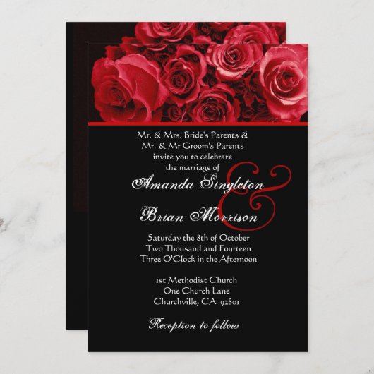 赤い白の黒いローズブーケ結婚ーズ 招待状 (正面/裏面)