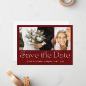 赤い白の2枚の写真のコラージュの日付を保存結婚する ノートカード (正面/裏面インサイチュ)