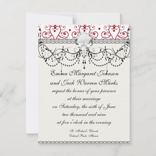 赤い白シャンデリアハートダマスク 招待状 (正面)