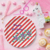 赤い白ストライプ色の花誕生日プレート ペーパープレート (パーティー)