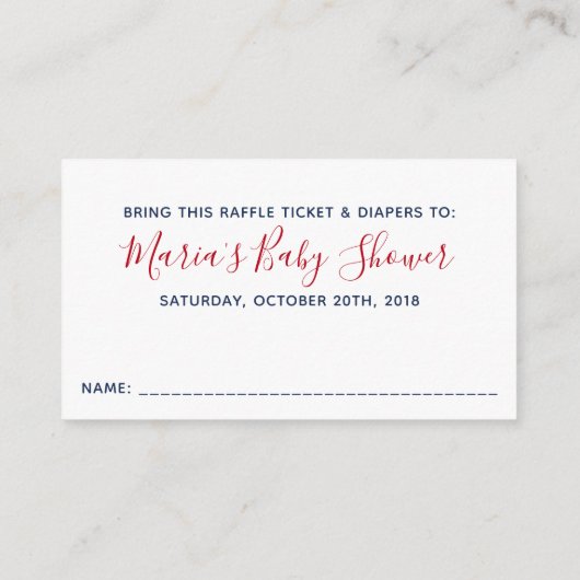 赤い白ストライプ色の赤ちゃんシャワーおむつラッフルチケット エンクロージャーカード (裏面)