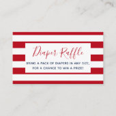 赤い白ストライプ色の赤ちゃんシャワーおむつラッフルチケット エンクロージャーカード (正面)