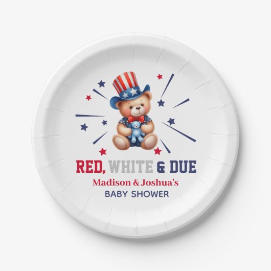 赤い白デューベア7月の赤ちゃんシャワー4日 ペーパープレート (正面)