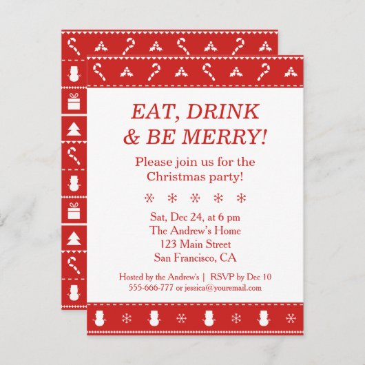 赤い白パタースタイリッシュンモダンクリスマスパーティー 招待状 (正面/裏面)