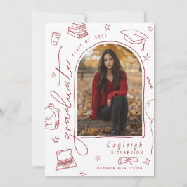 赤い白手描き写真卒業発表 案内状