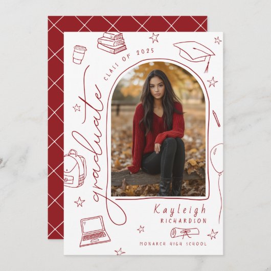 赤い白手描き写真卒業発表 案内状 (正面/裏面)