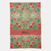 赤い白熱［赤熱］光を放つケシ畑，パーソナライズ可能 キッチンタオル (縦)