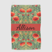 赤い白熱［赤熱］光を放つケシ畑，パーソナライズ可能 ゴルフタオル (正面)