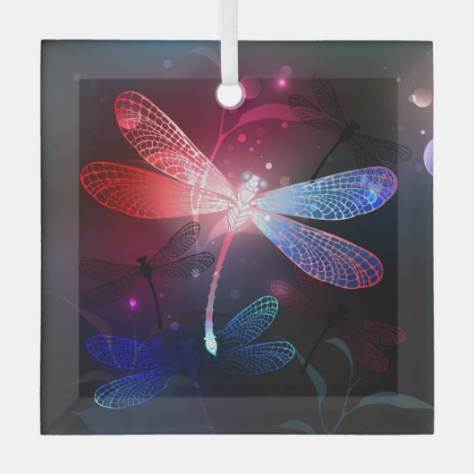 赤い白熱［赤熱］光を放つトンボ ガラスオーナメント (正面)