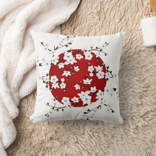 赤い白黒のさくらんぼの花が日差し クッション (ブランケット)