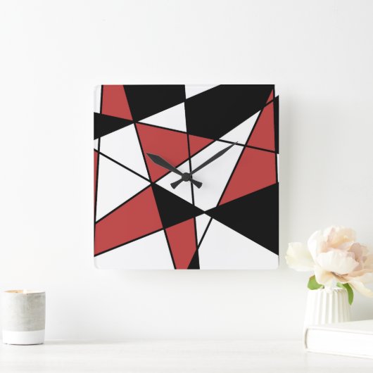 赤い白黒のジオメトモダンリパターン スクエア壁時計 (ホーム)