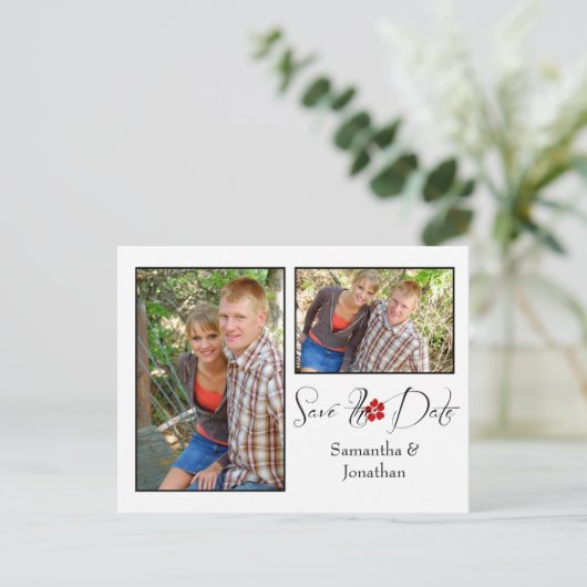 赤い白黒のフォトコラージュ日付の保存 案内ポストカード (スタンド正面)