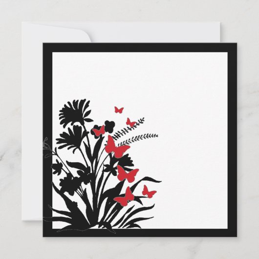 赤い白黒の蝶の結婚式 招待状 (正面)