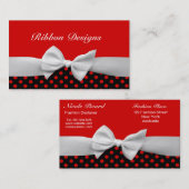 赤い白黒リボンおよび水玉模様 名刺 (正面/裏面)