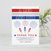 赤い白7月の爆竹の赤ちゃんシャワーの期限4日 サンキューカード (スタンド正面)