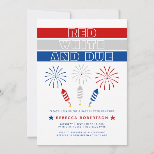 赤い白7月の爆竹の赤ちゃんシャワーの期限4日 招待状 (正面)