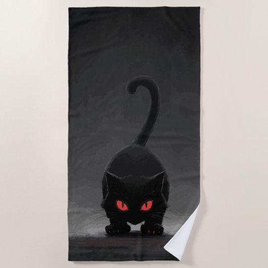 赤い目をした黒猫 - ダークミニマルアート ビーチタオル (正面)