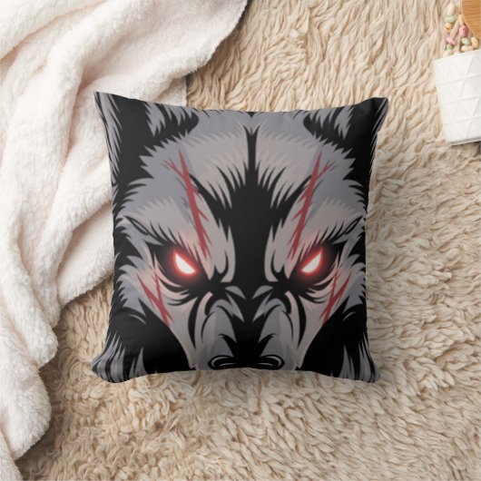 赤い目を白熱［赤熱］光を放つ持つ威嚇する狼 クッション (ブランケット)