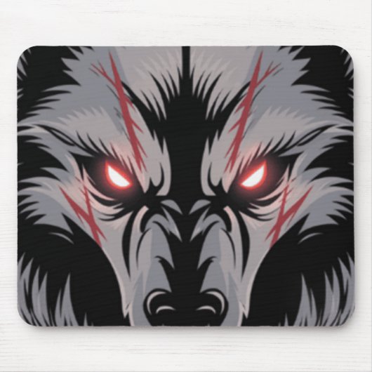 赤い目を白熱［赤熱］光を放つ持つ威嚇する狼 マウスパッド (正面)