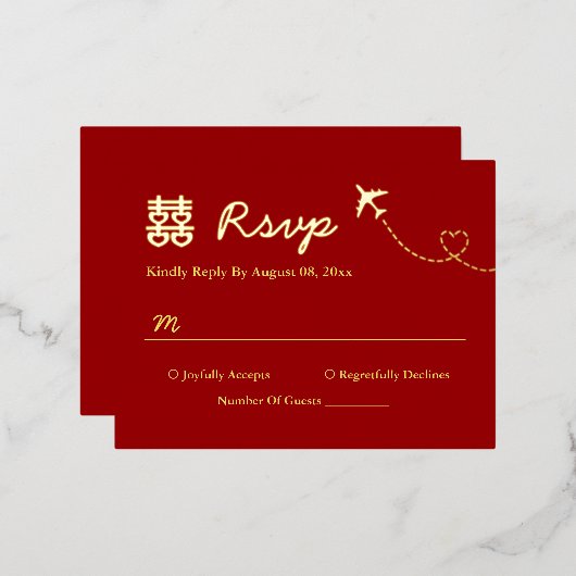 赤い目的地の結婚式　ダブルハピネス　出欠確認 箔招待状ポストカード (正面/裏面)