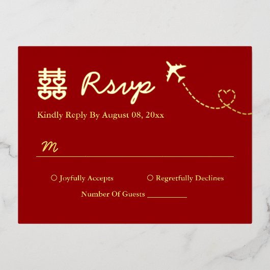 赤い目的地の結婚式 ダブルハピネス 返信 箔招待状ポストカード (正面)