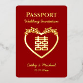 赤い目的地中国のの結婚パスポート 箔招待状 (正面)